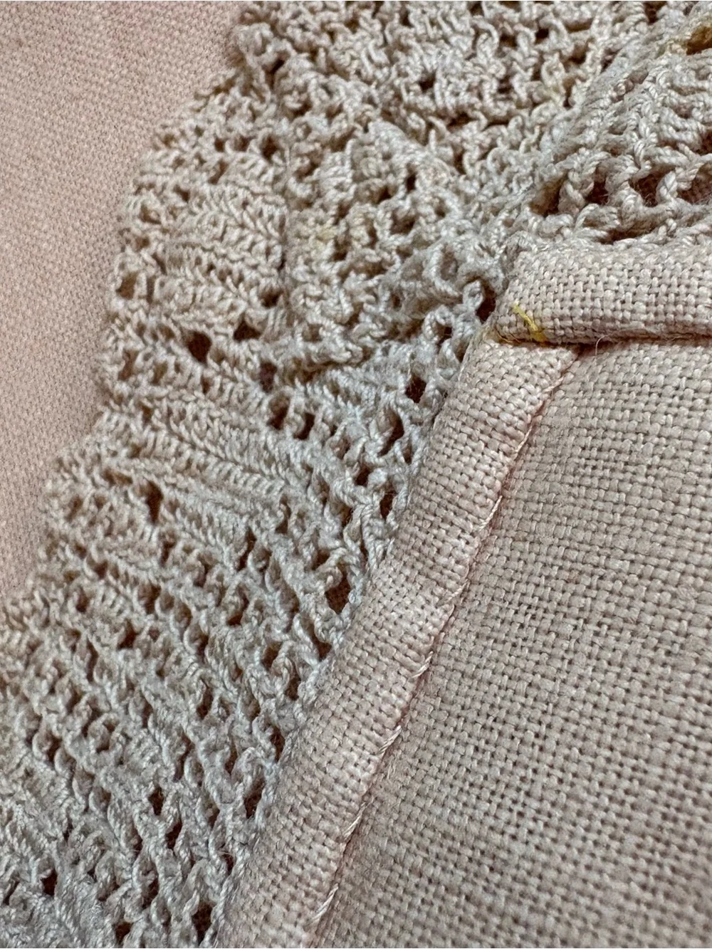 Classic Crochet Lace Trim Linen Tablecloth in Cream Tan Vintage Handmade